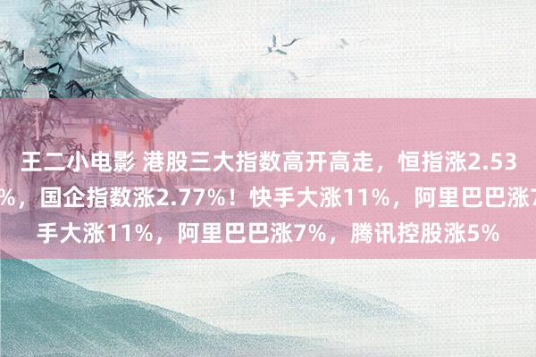 王二小电影 港股三大指数高开高走，恒指涨2.53%，恒生科指涨4.3%，国企指数涨2.77%！快手大涨11%，阿里巴巴涨7%，腾讯控股涨5%